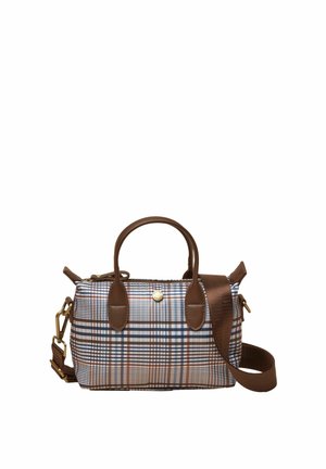 Kleine rechteckige Handtasche mit braunen Ledergriffen und kariertem Stoff in Blau, Braun und Weiß, mit abnehmbarem braunem Schulterriemen.