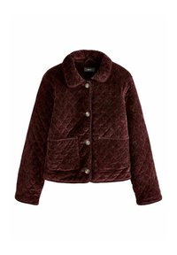 Burgundy, kviltad jacka i plysch med rundad krage, framknäppning och två fickor fram. Texturerad yta med diamantmönster.