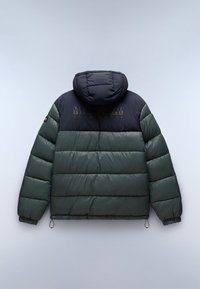 Dark green and black puffer jacket with hood and elastic cuffs, featuring a brand logo on the upper back and sleeve patch.