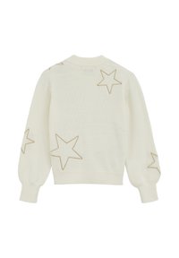 Pulover tricotat crem, cu mâneci lungi și manșete cu nervuri. Caracteristici: broderie cu stea aurie pe spate, guler rotund și croi lejer.