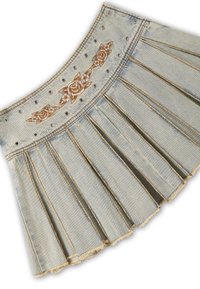 Light blue denim pleated skirt with frayed hem, metal eyelets, and brown floral embroidery along the waistband.