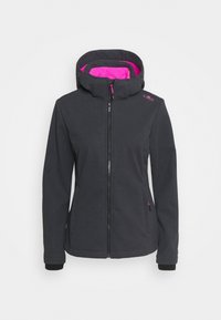 Mørkegrå jakke med en struktureret overflade, en pink indre foring og hætte. Har en fuld frontlynlås og sorte manchetter. Accenter inkluderer logo og lynlåsdetaljer.