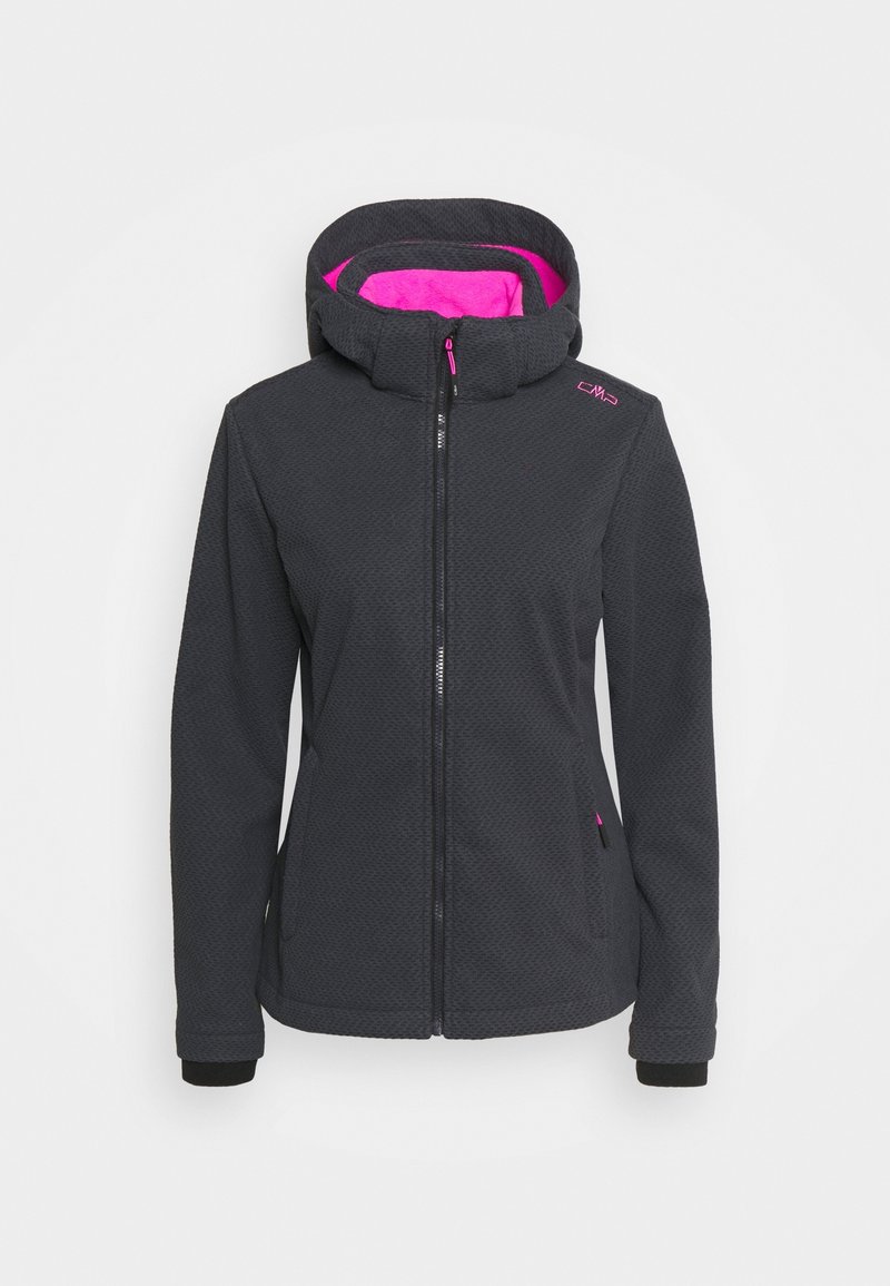 Mørkegrå jakke med en struktureret overflade, en pink indre foring og hætte. Har en fuld frontlynlås og sorte manchetter. Accenter inkluderer logo og lynlåsdetaljer.