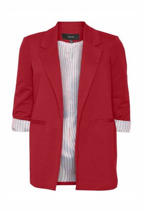 Blazer rouge en tissu léger, avec un design ajusté, une ouverture sur le devant et deux poches avant. La doublure intérieure présente un motif à rayures rouges subtil.