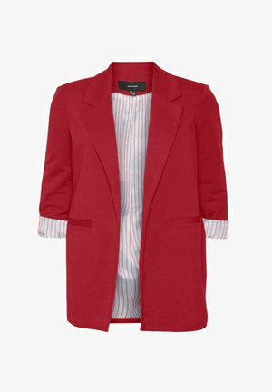 Blazer rouge en tissu léger, avec un design ajusté, une ouverture sur le devant et deux poches avant. La doublure intérieure présente un motif à rayures rouges subtil.