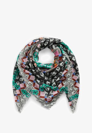 Foulard en soie avec une base grise présentant un motif géométrique en rose, bleu et vert, agrémenté de motifs blancs. Bords à franges.