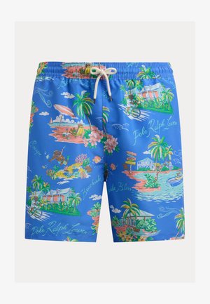 Bañador azul con ilustraciones tropicales de playa, palmeras, un buceador, ciclista, sillas de playa y patrones de texto "Polo Ralph Lauren".
