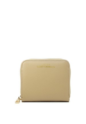 Portefeuille en cuir texturé beige avec une finition dorée, fermeture zip et un design minimaliste. La caractéristique clé inclut un petit zip en métal.