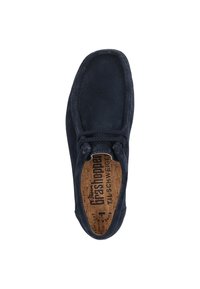Marineblaue Wildlederschuhe mit einer runden Zehenpartie, strukturiertem Obermaterial und Korkeinlage. Mit einem geflochtenen Schnürdetail an der Vorderseite.