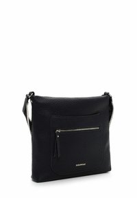 Schwarze, strukturiertes Leder-Umhängetasche mit vorderer Reißverschlusstasche und verstellbarem Riemen, versehen mit kleinem goldfarbenem Markenlogo.