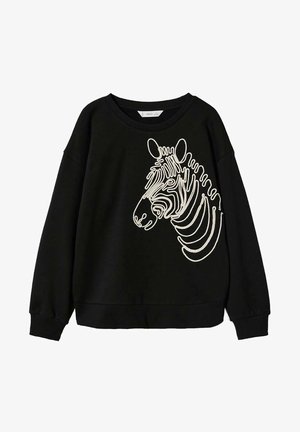 Sweat-shirt noir à manches longues avec motif abstrait de tête de zèbre brodé en blanc sur le devant, col rond, poignets et ourlet côtelés.