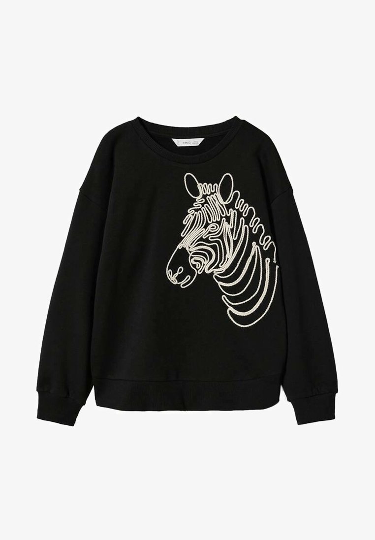 Sweat-shirt noir à manches longues avec motif abstrait de tête de zèbre brodé en blanc sur le devant, col rond, poignets et ourlet côtelés.