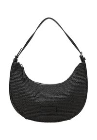 Borsa a tracolla intrecciata nera con silhouette curva, dotata di chiusura con zip, corpo strutturato e una tracolla sottile per il trasporto a spalla.