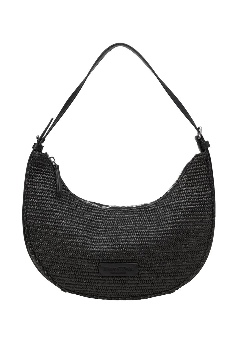 Borsa a tracolla intrecciata nera con silhouette curva, dotata di chiusura con zip, corpo strutturato e una tracolla sottile per il trasporto a spalla.