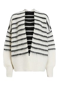Cardigan en maille épaisse à ouverture devant, blanc avec des rayures horizontales noires et manches longues.