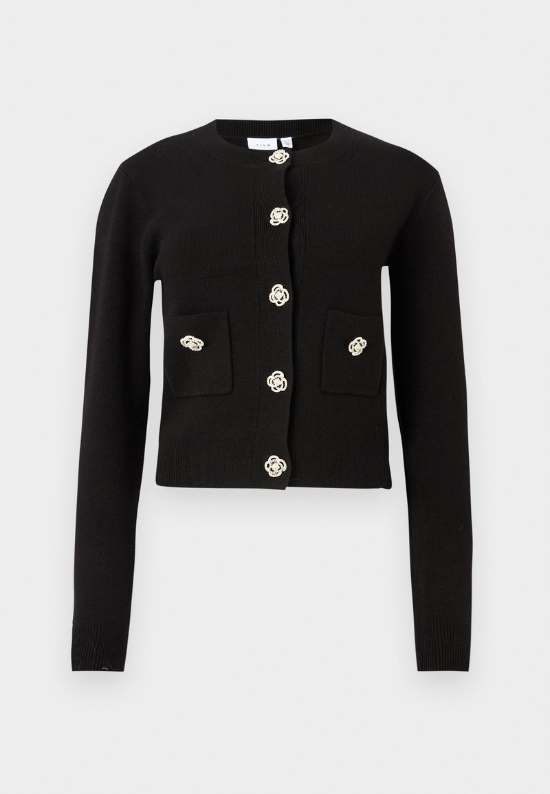 Cardigan noir court avec des manches longues, un col rond, deux poches avant et des boutons décoratifs floraux dorés sur le devant et les poches.