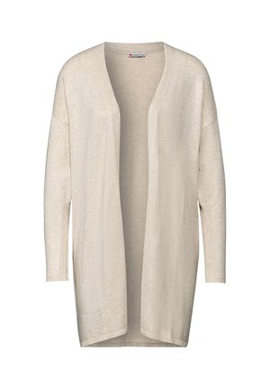 Beżowy kardigan z otwartym przodem wykonany z miękkiego materiału, z długimi rękawami i prążkowanymi detalami oraz luźnym krojem. Gładka faktura, casualowy design.