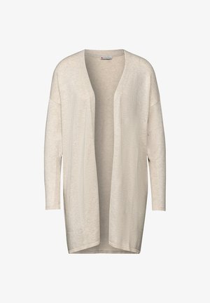 Beżowy kardigan z otwartym przodem wykonany z miękkiego materiału, z długimi rękawami i prążkowanymi detalami oraz luźnym krojem. Gładka faktura, casualowy design.