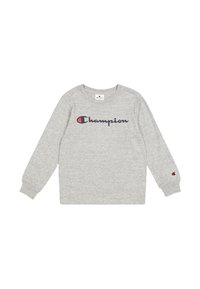 Grau langärmliger Sweatshirt aus weicher Baumwolle, mit "Champion"-Logo in Marineblau und Rot auf der Brust sowie einem Logo-Patch am Ärmel.