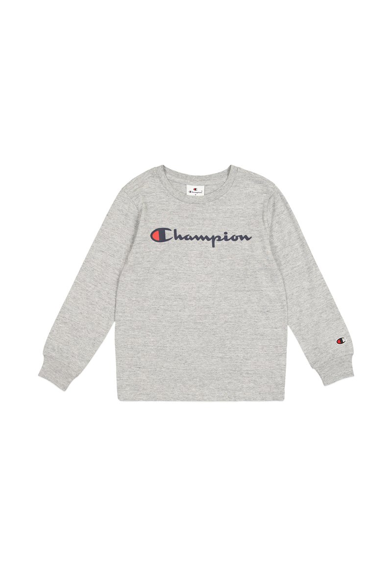 Grau langärmliger Sweatshirt aus weicher Baumwolle, mit "Champion"-Logo in Marineblau und Rot auf der Brust sowie einem Logo-Patch am Ärmel.