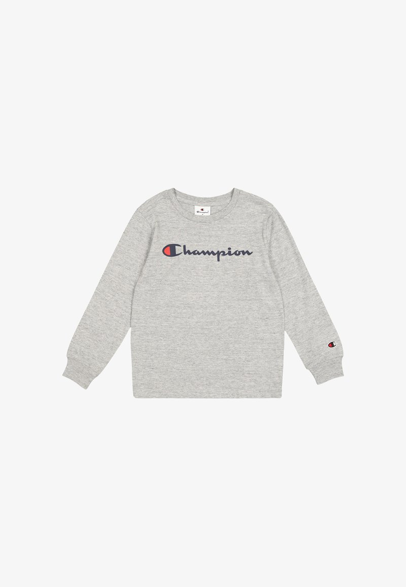 Grau langärmliger Sweatshirt aus weicher Baumwolle, mit "Champion"-Logo in Marineblau und Rot auf der Brust sowie einem Logo-Patch am Ärmel.