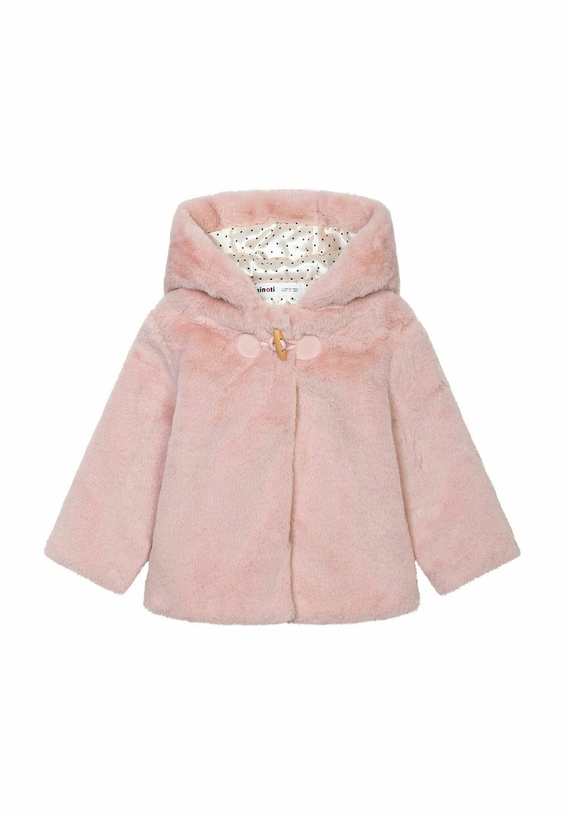 Veste à capuche pour tout-petit en fausse fourrure rose pâle avec bouton à bascule et doublure intérieure de la capuche en tissu blanc à pois.