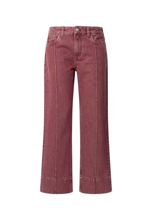 Weinfarbene Denim-Jeans mit weitem Bein, einschließlich kontrastierender Nähte und hoher Taille. Mit einem Knopf- und Reißverschlussverschluss abgeschlossen.