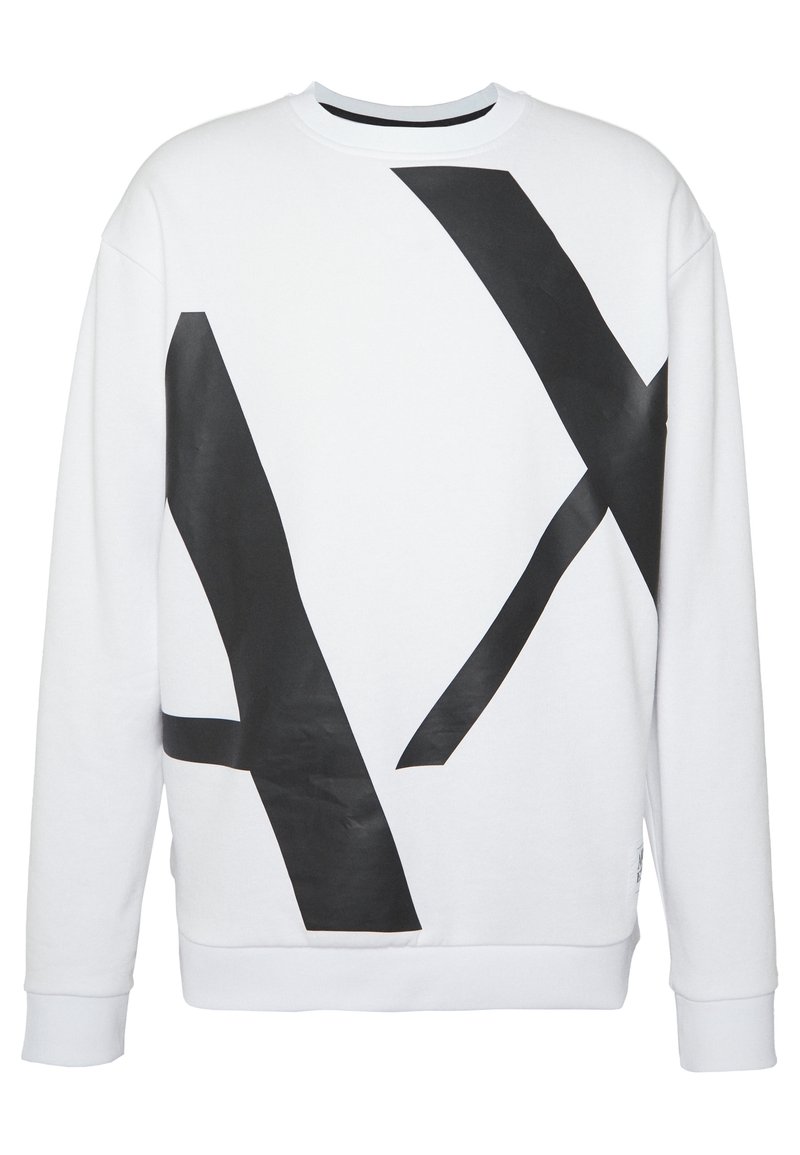 Bílé sweatshirty s velkými černými abstraktními tvary. Vyrobeno z měkké tkaniny s žebrovanými manžetami a kulatým výstřihem. Jednoduchý a moderní design.