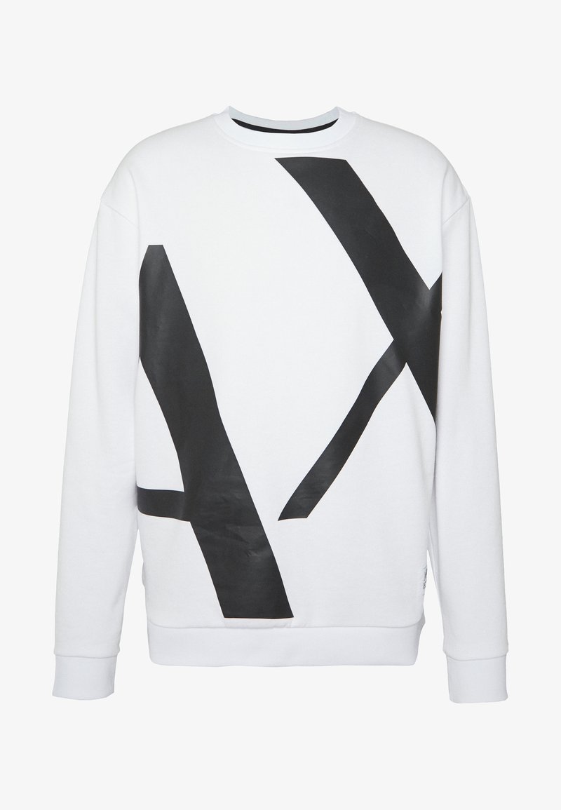 Bílé sweatshirty s velkými černými abstraktními tvary. Vyrobeno z měkké tkaniny s žebrovanými manžetami a kulatým výstřihem. Jednoduchý a moderní design.