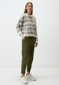 Maglione lavorato a maglia color crema con un motivo geometrico beige e blu, abbinato a pantaloni verde oliva e sneakers bianche. Tessuto liscio.
