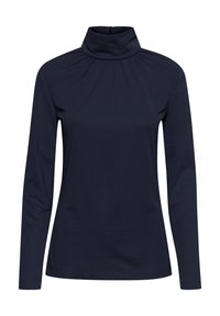 Marineblaues Langarm-Turtleneck-Oberteil mit gerafftem Stoff am Hals, glatter Textur und taillierter Silhouette. Verschluss am hinteren Hals.