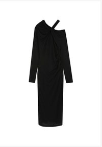 Robe noire à manches longues, décolleté asymétrique et détail froncé sur le côté. Tissu lisse avec une silhouette épurée.