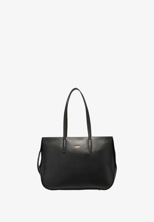 Black leather tote bag with two long handles, a smooth finish, and a subtle logo in gold on the front. Rectangular shape with no embellishments.