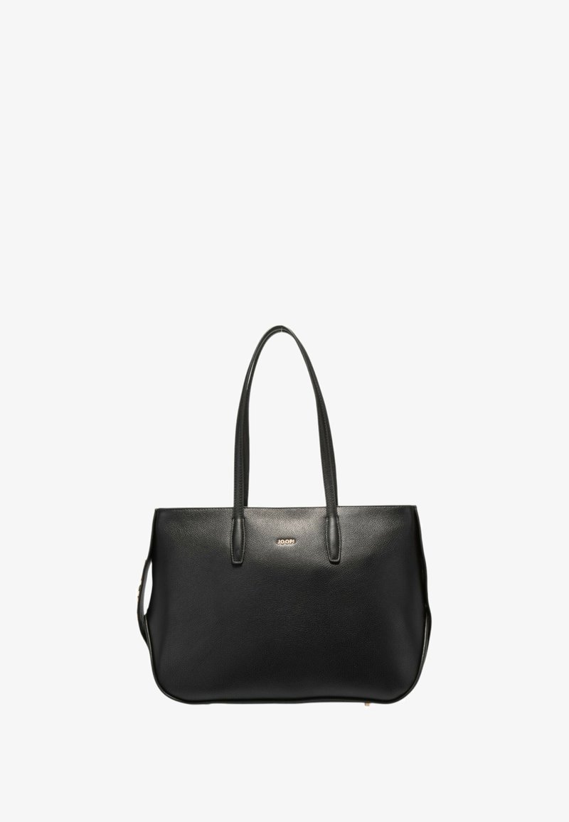 Schwarze Ledertasche mit zwei langen Griffen, glattem Finish und einem dezenten goldenen Logo auf der Vorderseite. Rechteckige Form ohne Verzierungen.