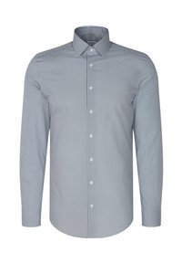 Camicia button-up in blu e bianco a quadri; maniche lunghe, orlo arrotondato e colletto classico. Realizzata in tessuto intrecciato.