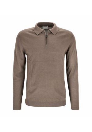 Brauner Langarmpullover mit Kragen und kurzem Reißverschluss vorne aus Strickstoff, dargestellt auf einem einfarbigen weißen Hintergrund.