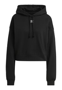 Svart kortärmad hoodie i mjukt tyg, med dragsko och långa ärmar. Litet vitt logo centrerat på bröstet.