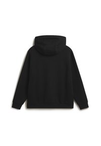 Felpa nera con cappuccio, dal texture morbida, vestibilità rilassata, tasca a marsupio e polsini a costine. Design semplice senza loghi o motivi visibili.