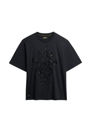 Sort kortærmet T-shirt med palietbesat grafik af et koskalle sammenflettet med en slange og teksten "Superdry Los Angeles".