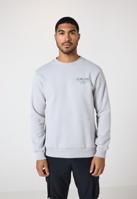Hellgrauer Pullover mit langen Ärmeln, gerippten Bündchen und Halsausschnitt. Auf der Brust befindet sich ein kleines dunkles Grafik-Logo. Warmer, baumwollähnlicher Stoff.