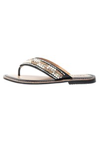 Sandalo flip-flop nero con dettagli decorativi in perline sulla cinghia, soletta neutra a contrasto e suola testurizzata per una presa ottimale.