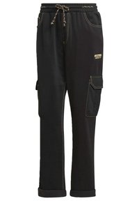 Black jogger pants made of soft fabric, featuring cargo pockets, yellow stitching, and an elastic waistband with a drawstring for adjustable fit.