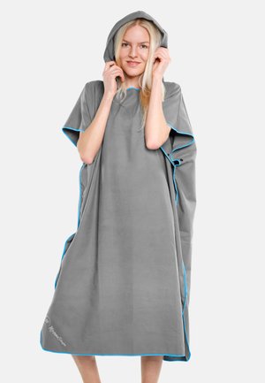Grey poncho with a hood, featuring blue accents along the edges. Made of soft material, designed for comfort and ease of movement.