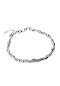 Srebrna bransoletka z designem w splątanej siatce, z kulistymi akcentami, teksturowanym wykończeniem oraz regulowanym zapięciem umożliwiającym dostosowanie długości.