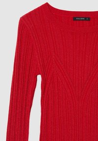 Maglione a coste rosso con accenti di filo metallico, caratterizzato da un collo rotondo e maniche lunghe, evidenziato da dettagli testurizzati a forma di V.