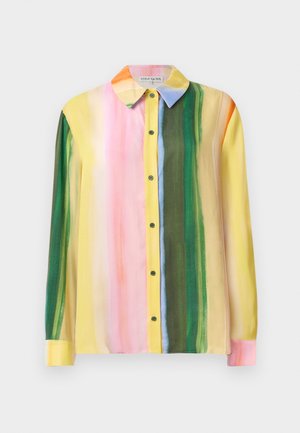 Colorful long-sleeve blouse featuring vertical stripes in pink, yellow, green, and orange. Made of smooth fabric with a collared neck and button front.