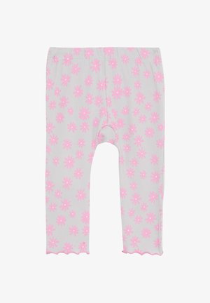 Leggings gris clair avec un motif de fleurs roses, dotés d'une taille élastique et d'un ourlet festonné au niveau des chevilles. Texture de tissu douce.