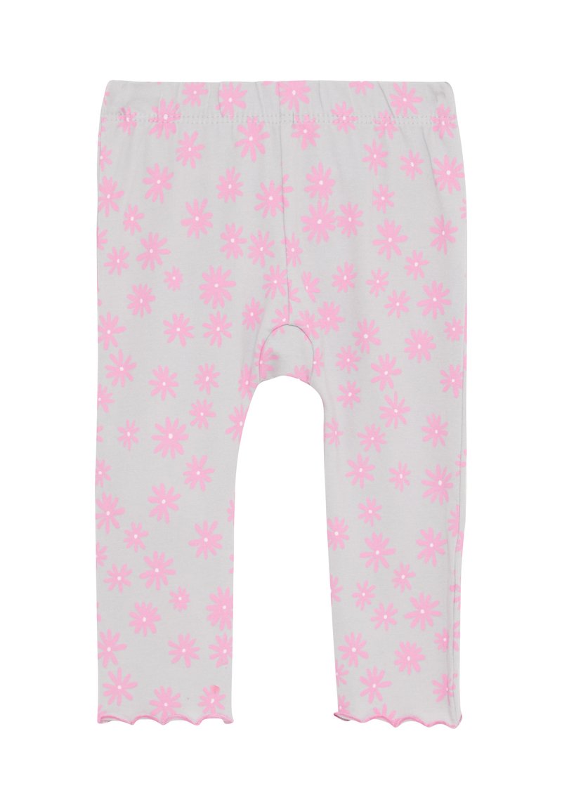 Helle graue Leggings mit einem rosa Blumenmuster, ausgestattet mit einem elastischen Bund und einem gewellten Saum an den Knöcheln. Weiche Stofftextur.
