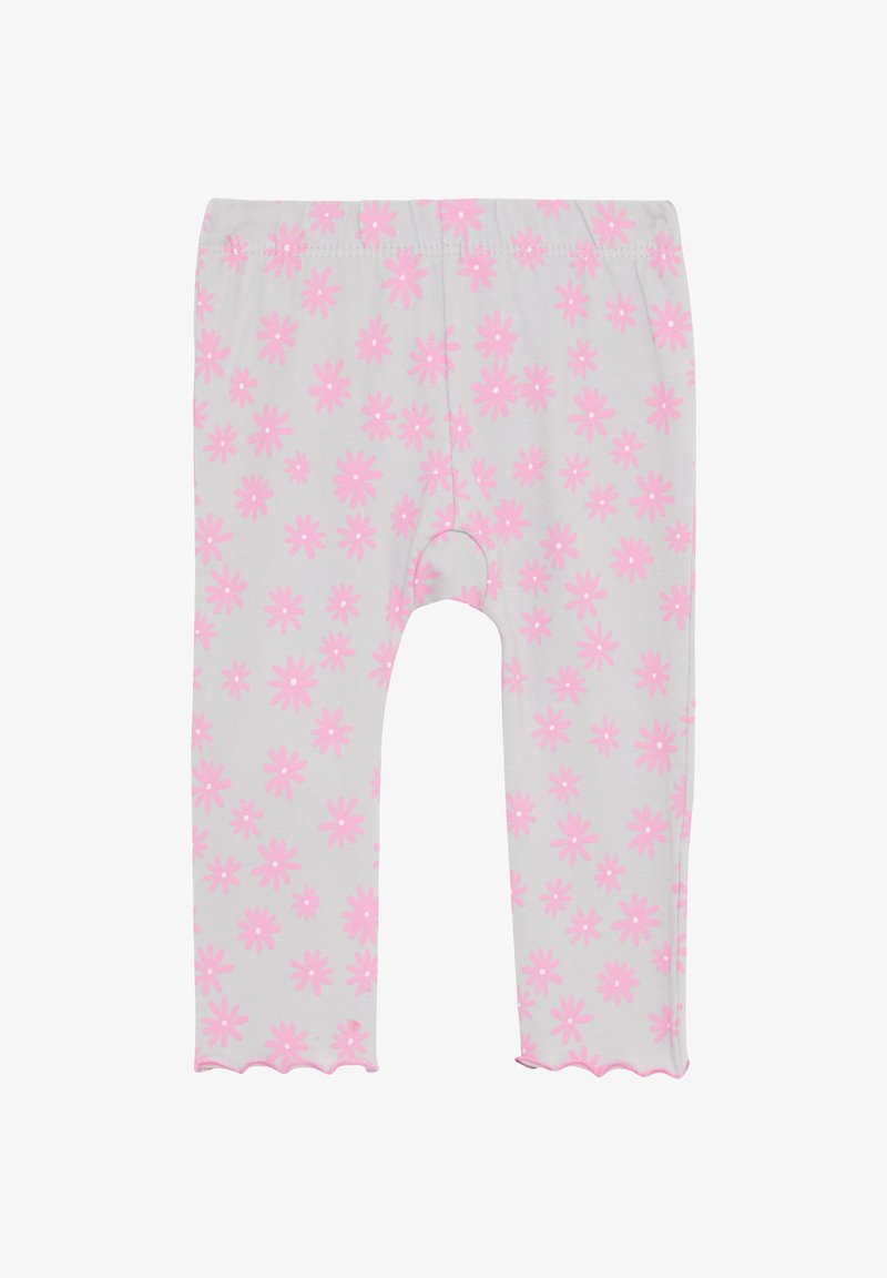 Helle graue Leggings mit einem rosa Blumenmuster, ausgestattet mit einem elastischen Bund und einem gewellten Saum an den Knöcheln. Weiche Stofftextur.