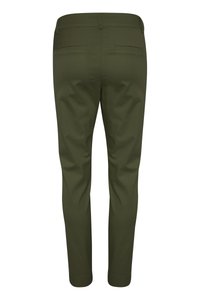 Slim-fit, olive green trousers made from a smooth fabric. Features two back pockets and tapered legs. Plain design, no visible detailing.